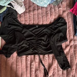 Black Ruched 3/4 Sleeve Crop Blouse